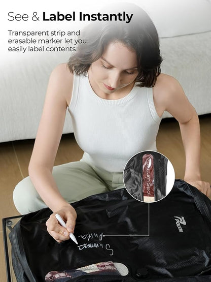 Vacuum Bags for Travel with Wireless Pump, 180° Open Zipper, IP67 Waterproof, Reusable Space Saver Compression Bags for Backpack, Suitcase, Home Storage(2 Pack + Pump)