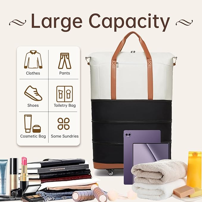 seyfocnia Travel Duffle Bag with Wheels Expandable, Foldable Duffle Bags for Travel Duffel Bag with Wheels and Handle Rolling Duffel Bag Collapsible Carry-On Luggage Weekend Overnight Bags-Black