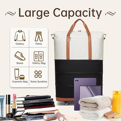 seyfocnia Travel Duffle Bag with Wheels Expandable, Foldable Duffle Bags for Travel Duffel Bag with Wheels and Handle Rolling Duffel Bag Collapsible Carry-On Luggage Weekend Overnight Bags-Black