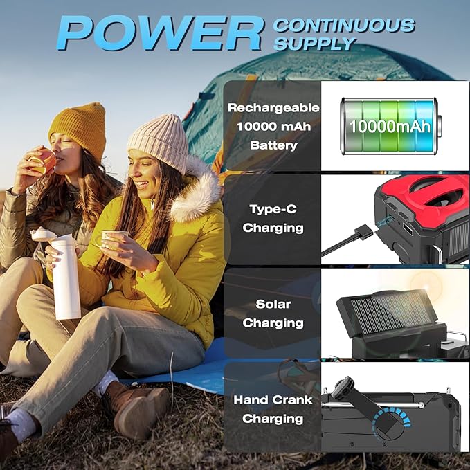 10000mAh Emergency Radio, NOAA Weather Radio with AM/FM, 37000mWh Rechargeable Phone Power, USB/Solar/Hand Crank Charging, LED Flashlight, SOS Alarm, Reading Lamp for Indoor/Outdoor Emergencies