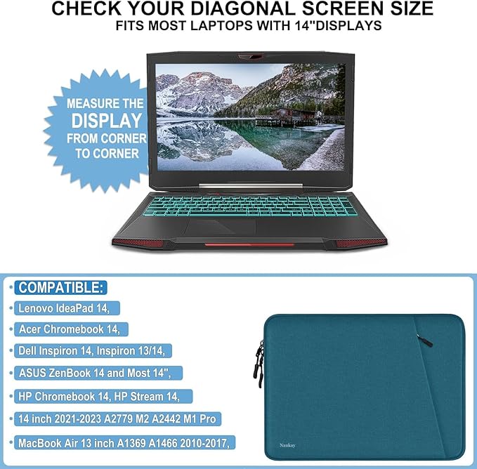 Laptop Case 14 inch, Shockproof Protective Computer Cover with Accessories Pocket, Portable Laptop Sleeve Compatible for 14 inch MacBook Air/Pro, Dell, HP, Acer, Asus, Lenovo, Cyan