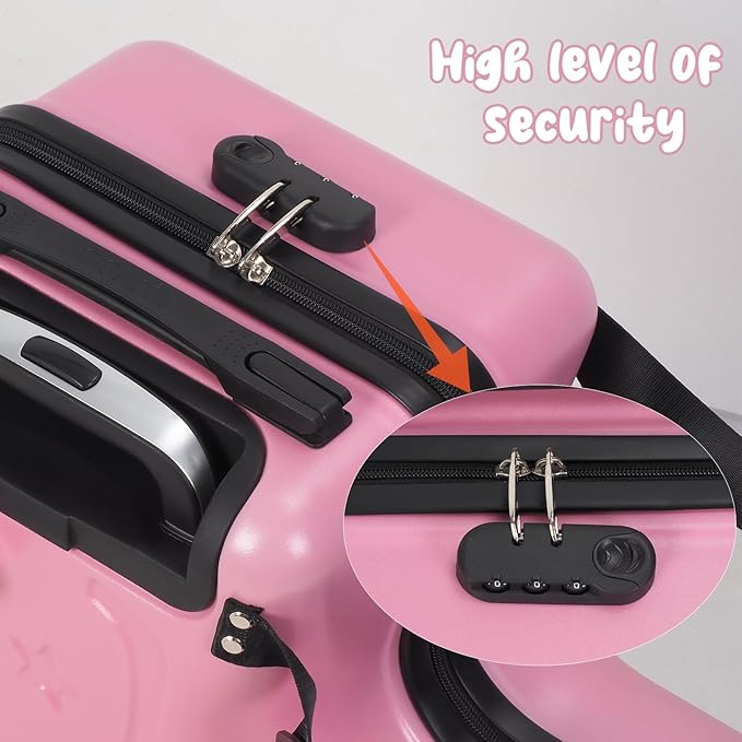 4-Wheel Carry On Luggage with Seat for Kids with Seat and Safety Belt, Large Capacity Hard Shell Suitcase Durable Rolling Luggage 4 Spinner Wheels, Waterproof Pocket, Adjustable Handle Pink