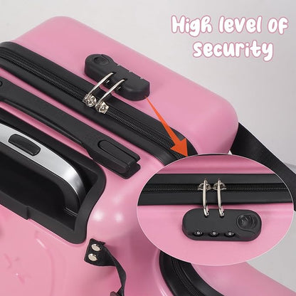 4-Wheel Carry On Luggage with Seat for Kids with Seat and Safety Belt, Large Capacity Hard Shell Suitcase Durable Rolling Luggage 4 Spinner Wheels, Waterproof Pocket, Adjustable Handle Pink