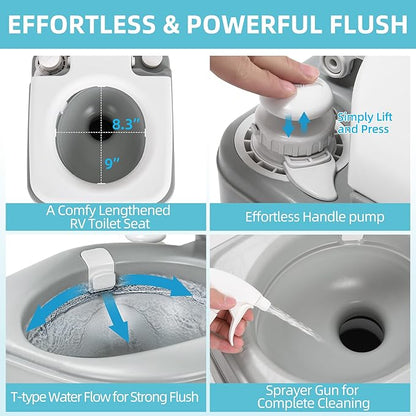 YITAMOTOR Portable Toilet for Camping, Porta Potty Toilet with 5.3 Gal Waste Tank & 2.6 Gal Flush Tank, Bag, Sprayer, T-type Outlet, Level indicator, Anti-Leak Odor-Sealing Slide Valve for RV Outdoors
