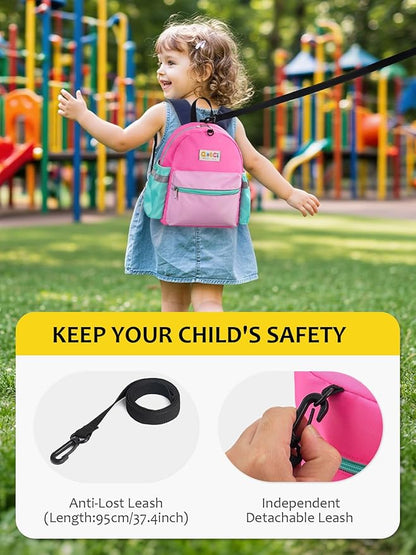 Toddler Backpack with Leash for Boys Girls Kids Kindergarten Nursery, 11” Baby Leash Backpack with Reflective, Toddler Bookbag with Anti-Lost Harness for Walking, Light Pink