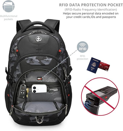 Swissdigital Design Laptop Backpack with USB Charging Port, Travel Backpack Fits 15.6 inches Computer, 31L College School Backpack for Men, Gray Camo | SD803-91