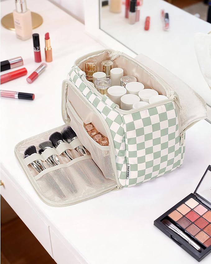 Narwey Large Travel Toiletry Bag, Wide-open Travel Bag for Toiletries, Toiletry Bags for Traveling Women, Cosmetic Make Up Makeup Bag Organizer with Wet Pocket, Skincare Bag (Mint Green Checkerboard)