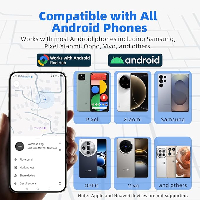 2025 Upgraded Android Tracker Tags, Official Google Certified Smart Bluetooth Tracker, Compatible with Find Hub App(Not for iOS and Huawei), Air Tag for Android, Item Locator Key Finder, Luggage Tag