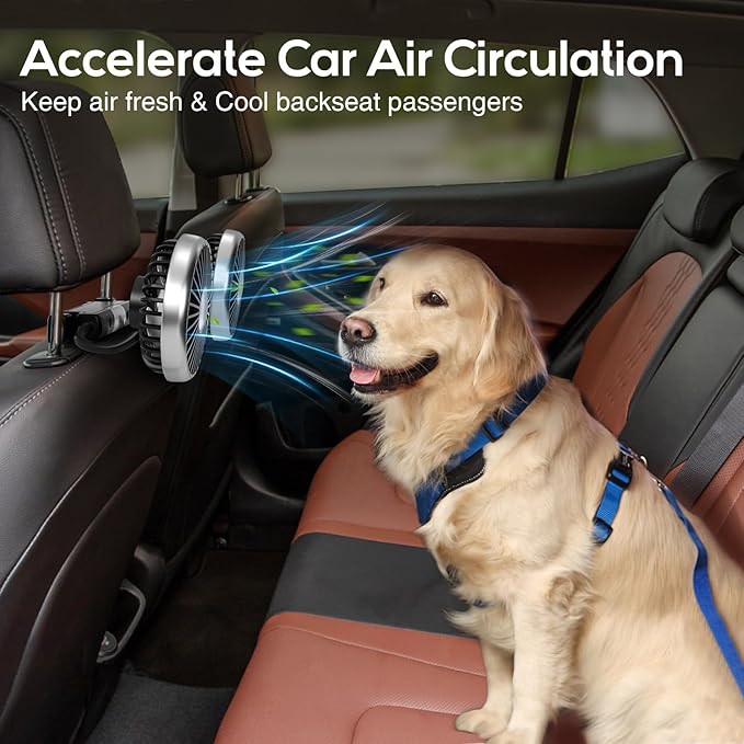 Dealswin Car Fan for Backseat Kids, 2025 Upgraded Dual-Head Car Seat Fans with LED Lights, 3-Speed and 360° Rotatable USB Powered for SUV, RV, Truck, Vehicles