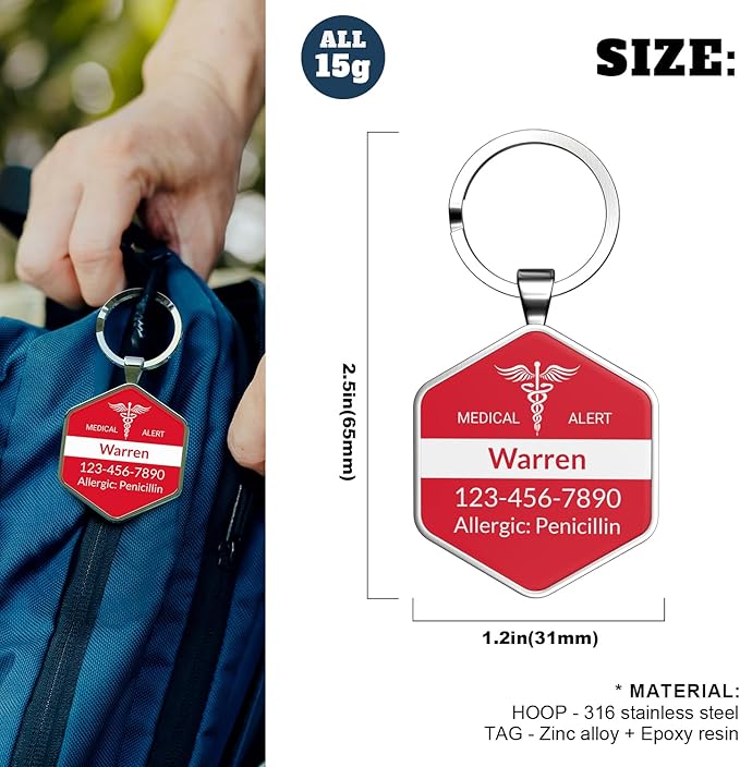 DISONCARE QR Code Medical Alert Tag, Custom Medical ID with Online Profile for Emergency Contact & Health Info – For Allergies, Diabetes, Autism & More（Rescue Red）