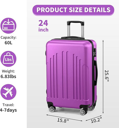 Karl home 24in Checked Luggage with TSA Lock, ABS Hardshell Check-in Suitcase with Spinner Wheels, Durable Medium Suitcase Rolling Luggage for Business Travel, Purple