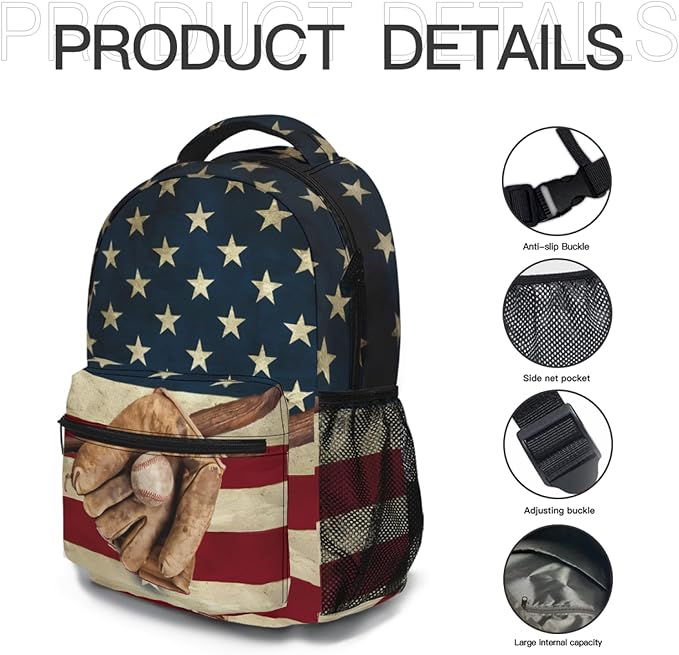 American Flag Baseball Print Backpack, Laptop Backpack with Multiple Pockets for Adult Hiking Travel Work 17 Inch