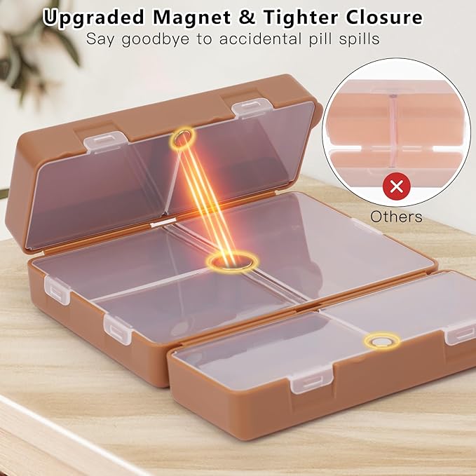 FYY Daily Pill Organizer,7 Compartments Portable Pill Case Travel Pill Organizer,[Folding Design] Pill Box for Purse Pocket to Hold Vitamins,Cod Liver Oil,Supplements and Medication-Brown