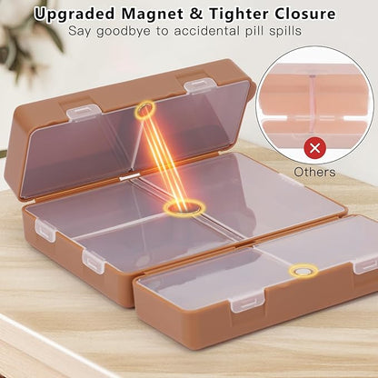 FYY Daily Pill Organizer,7 Compartments Portable Pill Case Travel Pill Organizer,[Folding Design] Pill Box for Purse Pocket to Hold Vitamins,Cod Liver Oil,Supplements and Medication-Brown