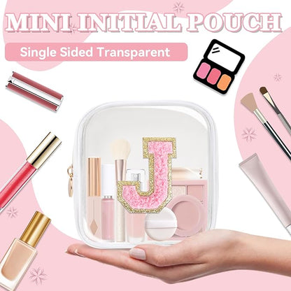 Mini Clear Personalized Initial Makeup Bag,Nylon Preppy A-Z Chenille Letter Patch Zipper Cosmetic Bag, Small Cute Beach Pouch Travel Purse Sanitary Napkin Storage Bag for Women Girls(White-Pink J)