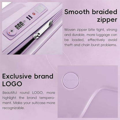 ROAMING 20-Inch Purple Carry On Luggage Airline Approved Lightweight PC Hardside Rolling Suitcase with TSA Lock Cup Holder USB Charging Port and Spinner Wheels for Women Ice cream suitcase