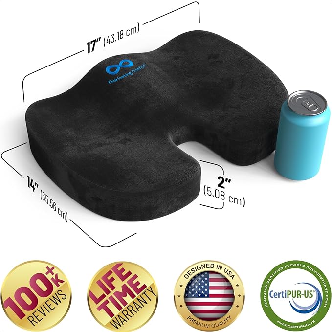 Everlasting Comfort Doctor Recommended Memory Foam Seat Cushion for Office Chairs & Car - Ergonomic Office Desk Accessories - Cushions for Tailbone Pain Relief, Sciatica & Back Support Pillow