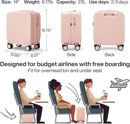 mixi 14 Inch Underseat Luggage Carry on Suitcase Free Boarding Personal Item Suitcases with Spinner Wheels Hardshell Lightweight PC for Short Travel, Pink