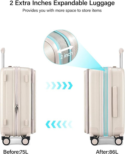 Hanke 24 Inch Expandable Luggage Top Opening Checked Bag Luggage Hard Shell Suitcases with Wheels Lightweight Travel Luggage Medium Suitcase with Lock for Woman Men-Ivory White