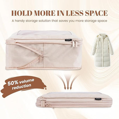 4-Set Compression Packing Cubes for Travel, Recycled Cotton Luggage Organizers, Space-Saving Suitcase Organizers, with Mesh, Travel Essentials(Beige)