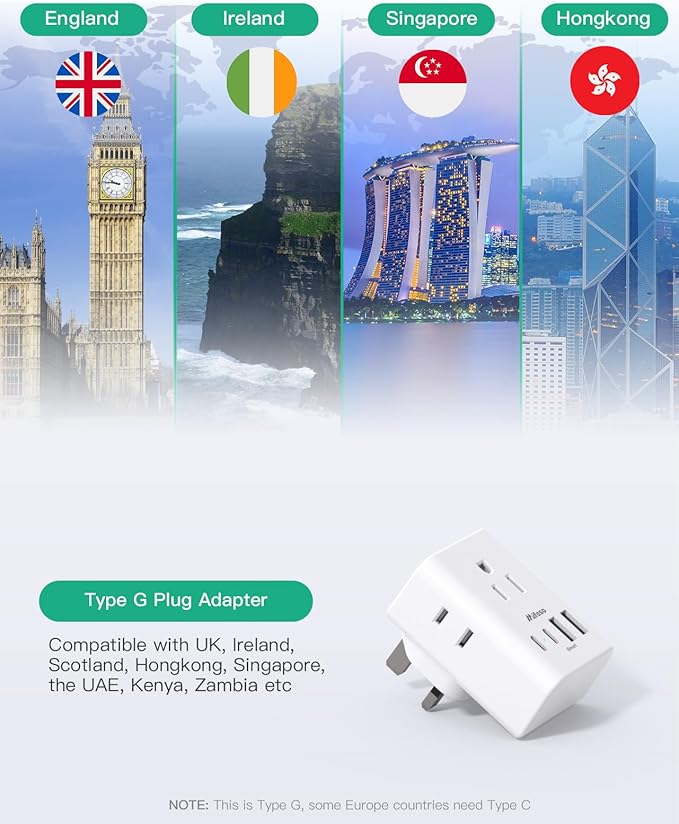 2 Pack US to UK Ireland Travel Plug Adapter, Type G Plug Adapter with 4 Outlets 4 USB Ports (2 USB C), UK Power Adapter for USA to London England Scotland British Kenya Qatar Hongkong