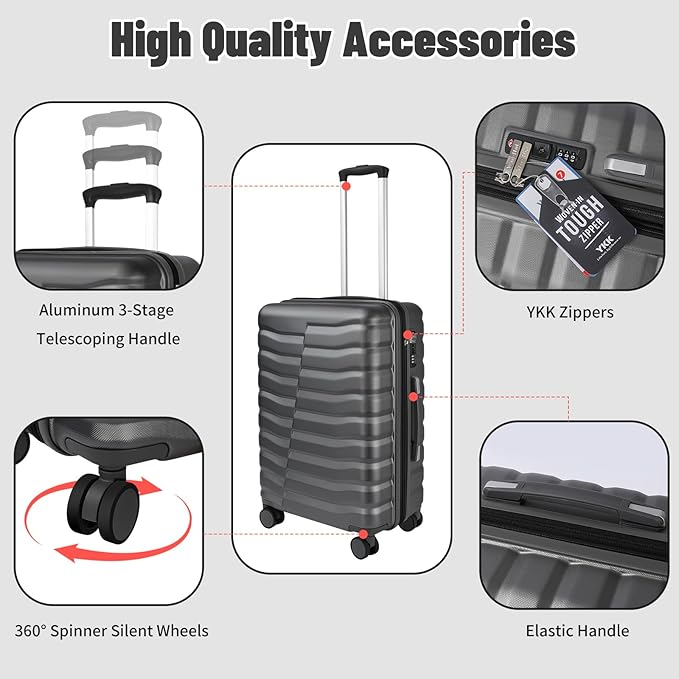 5-Piece Lightweight Luggage with Backpack Sets, ABS+PC Hard Shell Suitcase with TSA Lock & YKK Zipper (Grey, 20in/24in/28in/BP/TB)