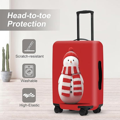 Snowman Christmas Luggage Cover - Red Background with Cute Snowman in Striped Scarf, Simple Stretchable Suitcase Cover 24 26 Inch