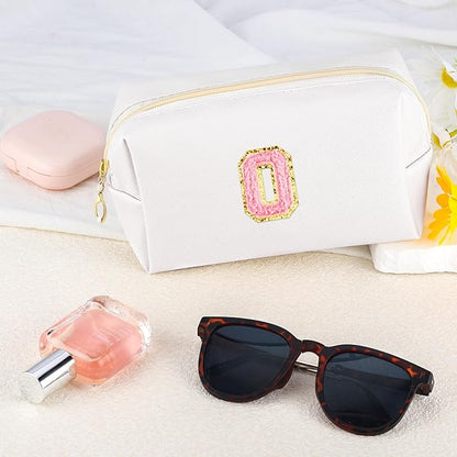 Initial Makeup Bag Personalized Preppy Travel Small Cosmetic Bag Cute PU White Chenille Letter Makeup Pouch for Purse Waterproof Zippered Toiletry Organizer for Women Girls Kids Friends (O)