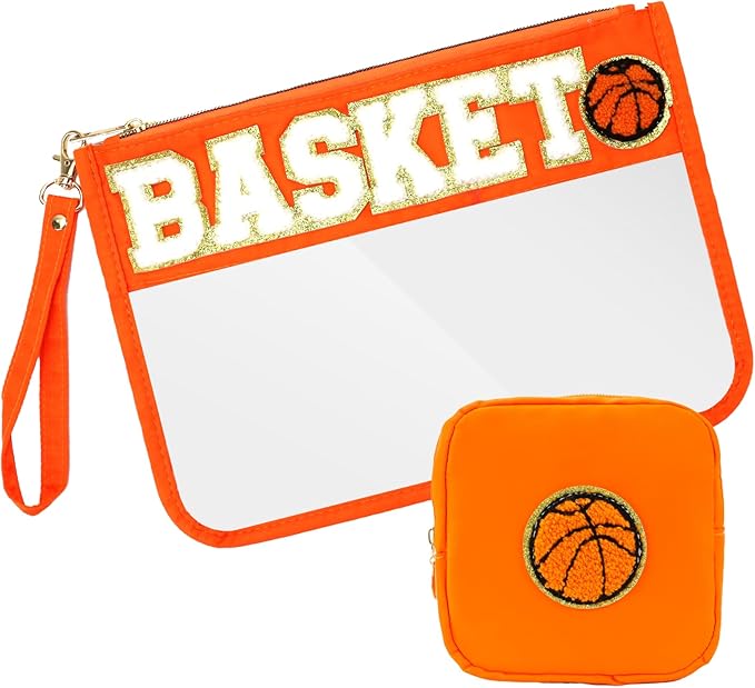 2 Pcs Basketball Gifts Makeup Bag with Chenille Letter Patch,with Handles PVC Waterproof Clear Makeup Bag,Portable Toiletry Storage Bag,Players & Fans Birthday, Team or Sports Lover Presents