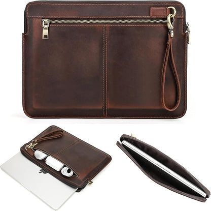 Top Grain Leather 14.2" Laptop Case Bag, Zip Pockets Design, Compatible with MacBook Air 13" M2 A2681 M1 A2337 A2179 A1932/Pro 13" M2 M1 A2338 A2251 A2289 A2159 A1989 A1706, Coffee 14.2 Inch