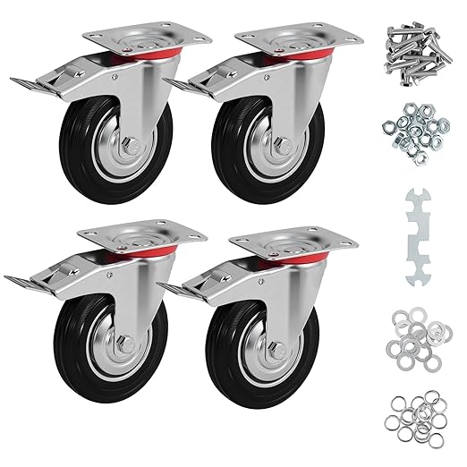 4 Inch Caster Wheels Set of 4, Heavy Duty Casters with Brake, Rubber Locking Casters for Cart, Workbench,Black (4" 4Pack with Brake, 4)