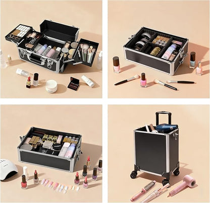 Professional Rolling Makeup Case, Cosmetology Case on Wheels 4 in 1 Large Cosmetic Train Case, Ideal Gift for Hairstylist, Nail Techs, Portable Beauty Organizer for Travel or Salon Use,Black Silver