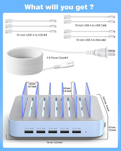 MSTJRY Charging Station for Multiple Devices : 5 Port Multi USB-A Charger Stations Multi-Device Organizer Charging Dock Designed for iPhone iPad Cell Phone Tablets (7 Short Cables Included), Blue