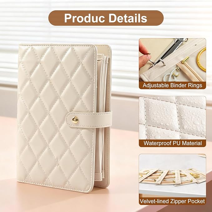 Jewelry Travel Case, Jewelry Organize Storage Book Ring Binder with Clear Zipper Velvet Jewelry Pouches Bags for Rings, Necklace, Earrings, Cream White
