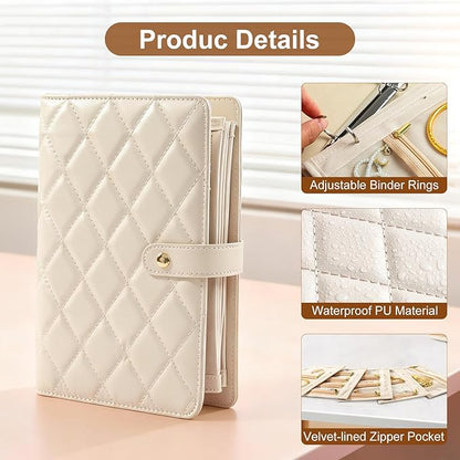 Jewelry Travel Case, Jewelry Organize Storage Book Ring Binder with Clear Zipper Velvet Jewelry Pouches Bags for Rings, Necklace, Earrings, Cream White