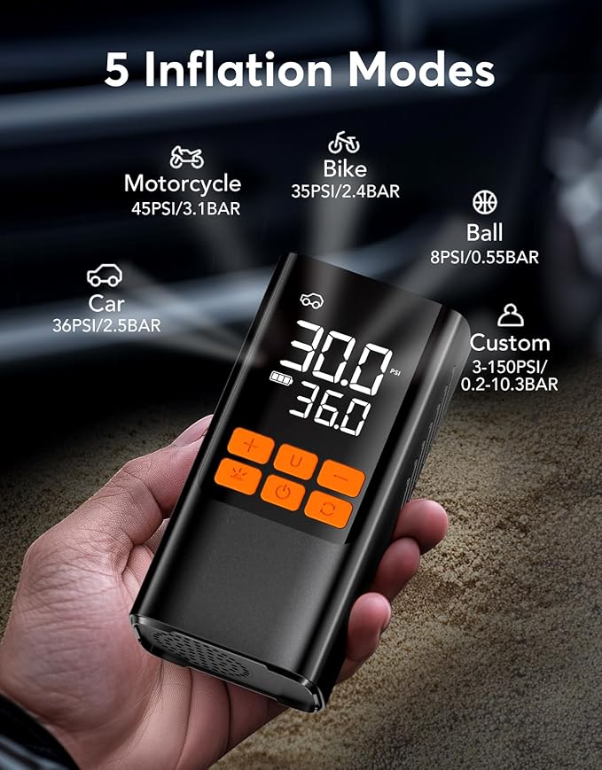 Tire Inflator Portable Air Compressor, Electric Air Pump with Digital Tire Pressure Gauge, Dual Digital LCD, Triple Cooling System, Cordless Tire Inflator for Bike, Tire and Car
