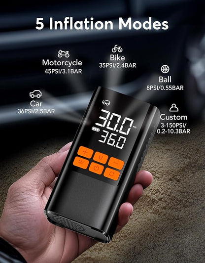 Tire Inflator Portable Air Compressor, Electric Air Pump with Digital Tire Pressure Gauge, Dual Digital LCD, Triple Cooling System, Cordless Tire Inflator for Bike, Tire and Car