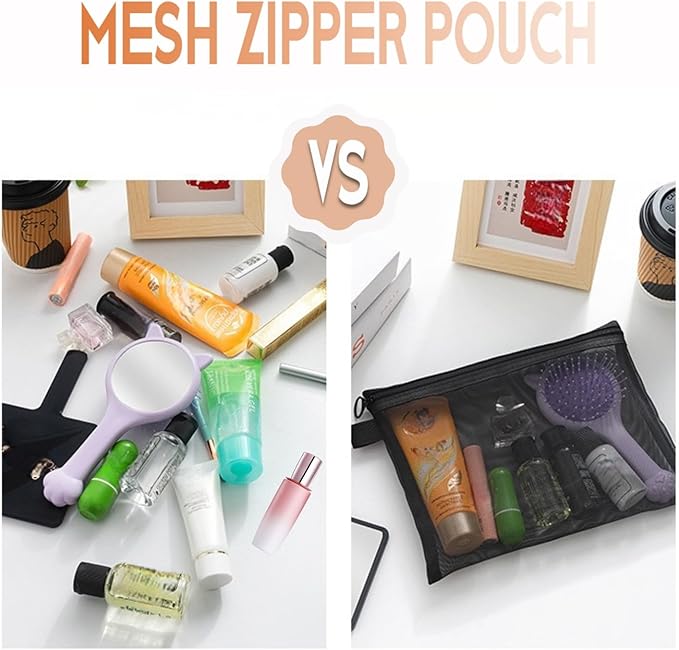 6Pack Mesh Makeup Bags mesh zipper pouch Cotton Blend Travel Organizer Pouches with Zipper Small Storage Bags for Cosmetics and Toiletries Office stationery storage net bag Black and Grey