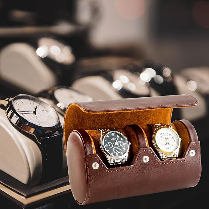 MR.OKAY 2 Watch Travel Case- Classic Leather Watch Case With Perfect Texture.Portable Watch Roll Or Organizer For Storage And Display. Luxury Gifts For Men, All Handmade by Artisans.