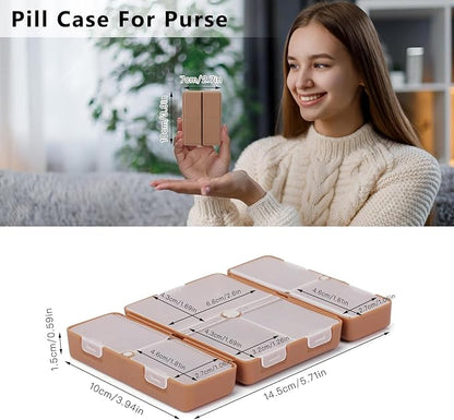 FYY Daily Pill Organizer,2 Pcs 7 Compartments Portable Pill Case Travel Pill Organizer,[Folding Design] Pill Box for Purse Pocket to Hold Vitamins,Cod Liver Oil,Supplements and Medication-Brown