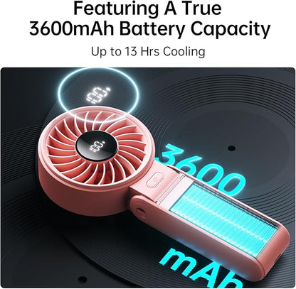 JISULIFE Handheld Fan Life7 – Ultimate Flexibility: High-Power Motor, LED Display, 3600mAh Rechargeable, 5-Speed, Foldable Design, 3-IN-1 Portable Hand/Desk/Neck Fan for Travel, Gift for Women (Pink)