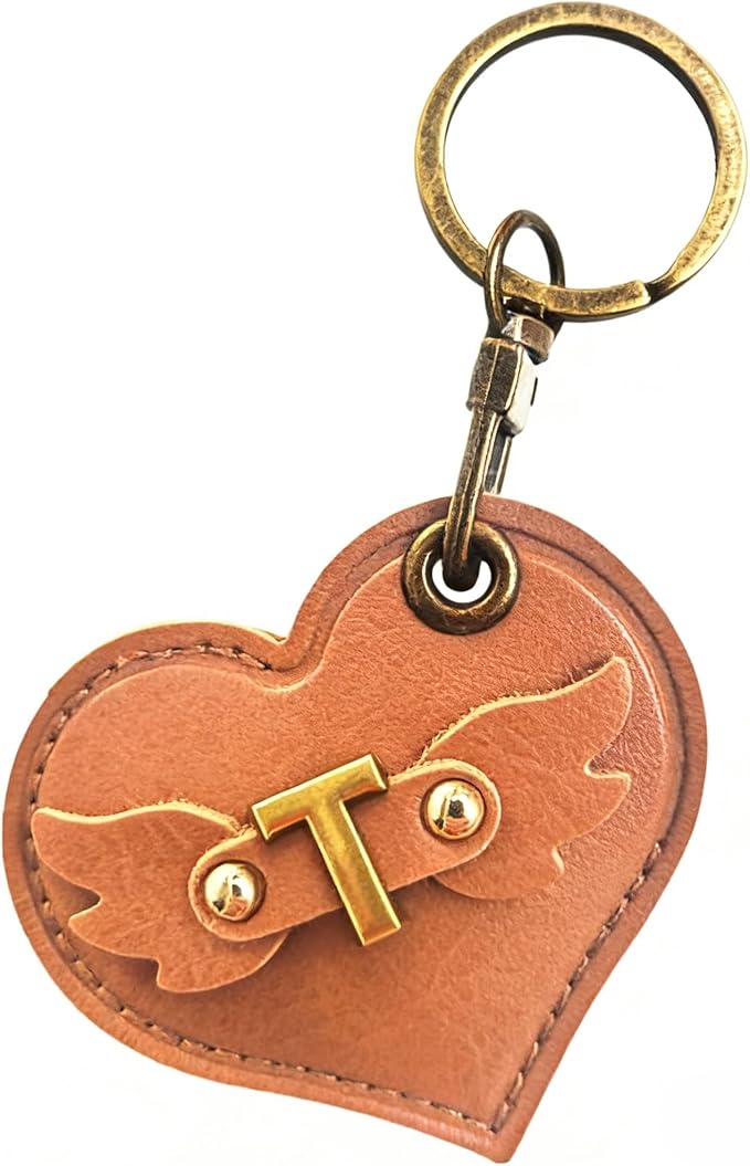 Initial Letter Leather Alphabet Keychain Holder Case Compatible with AirTag,Cute Protective Air Tag Cover with Bronze Keyring,Anti-Scratch Finder GPS Tracker Case for Pets Keys Wallet Luggage(T)
