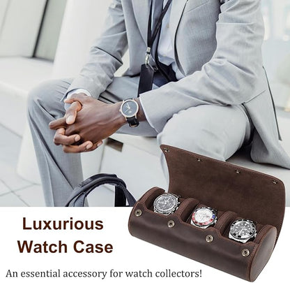 Genuine Leather Watch Roll Travel Case, Travel Watch Case for Men, Leather 3-Watches Roll Case for Bracelets, Portable Watch Storage Organizer with Removable Pillows