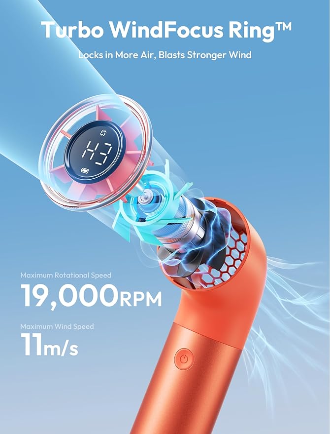 Aecooly Portable Handheld Fan, Powerful Turbo Mini Fan, 19000 RPM High Speed Aero Ultra, 15H Max Cooling Time, 7 Speeds Aluminum Case,Pocket Rechargeable Personal Small Travel GIfts for Women-Orange