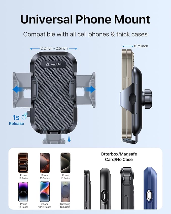 andobil Car Phone Holder, 2025 Military-Grade 89lbs Strongest Suction Phone Holders for Your Car Dashboard/Windshield/Vent Easy Clamp Car Phone Mount Stand for iPhone 17 16 15 14 13 Pro Max Samsung