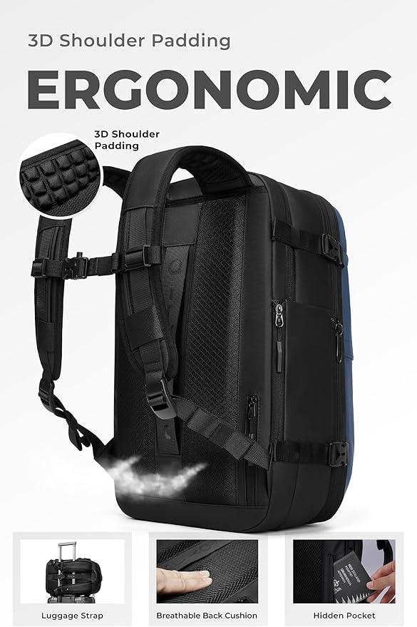 AirVault Vacuum Seal Travel Backpack 60L with Expandable Vortex Air Compression Vacuum System Water Resistant TSA Lock (Vacuum Pump Included, Blue, 60L)