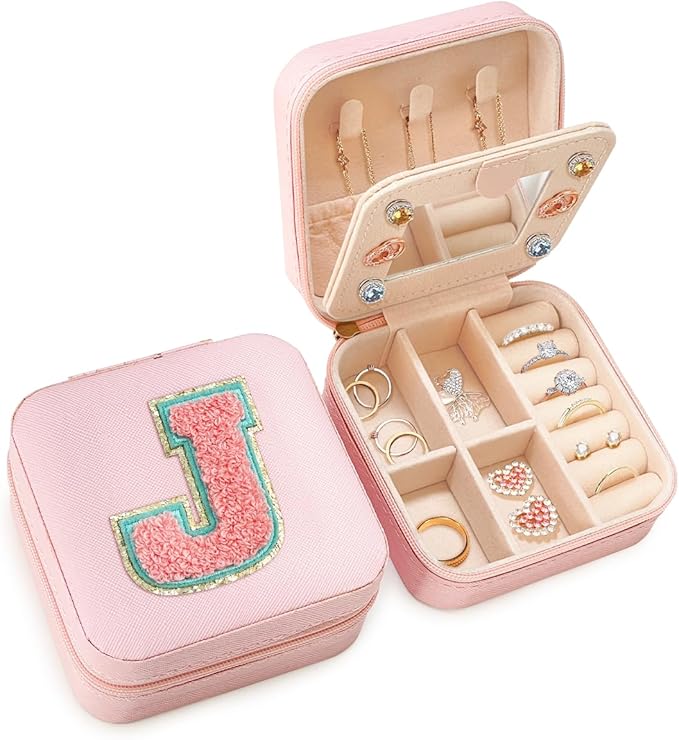 SANDJEST Personalized Jewelry Box, Pink Travel Jewelry Box with Initial J, Small Monogrammed Jewelry Case Organizer for Girls Women Teen Kids, Mini Travel Essentials Gifts for Birthday Christmas