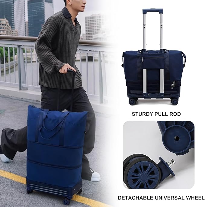 DOJUNS Rolling Duffle Bag with Detachable Wheels, 2025 Upgrade Expandable Foldable Suitcase for Travel, Collapsible Luggage Carry on Duffel Overnight Weekend Bag (Pink)