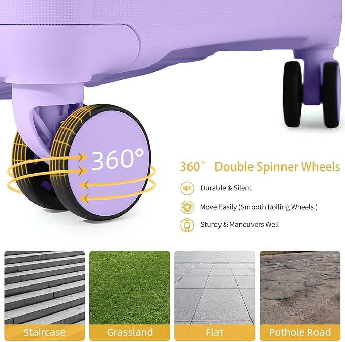LARVENDER Luggage Sets 3 Piece, Hardside PP Carry On Suitcase with 360° Spinner Wheels TSA Lock Luggage Sets for Women, Lavender