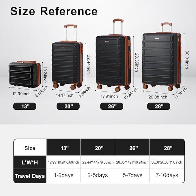 4 Piece Luggage Set Expandable ABS Travel Suitcase Set TSA Lock Hardshell Durable Lightweight Traveling Luggage Sets Gift for Back to School (Black, 28in26in20in13in)